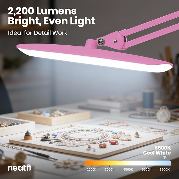 Neatfi XL 2,200 Lumens LED Desk Lamp with Clamp, 24 Watt Bright Architect Task Lamp, 20 Inches Dimmable Computer Light, Adjustable Desk Light for Home, Office, Crafts, Nails & Hobbies (Non-CCT, Pink)