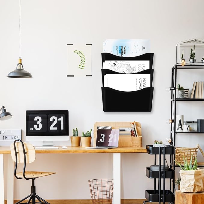Colarr 6 Pcs Expandable Pocket Wall File Set Plastic Wall Mountable Space Saving Files Office Wall Organizer Wall Mount File Holder Wall Hanging File Organizer for Mail Magazine Letter (Black)