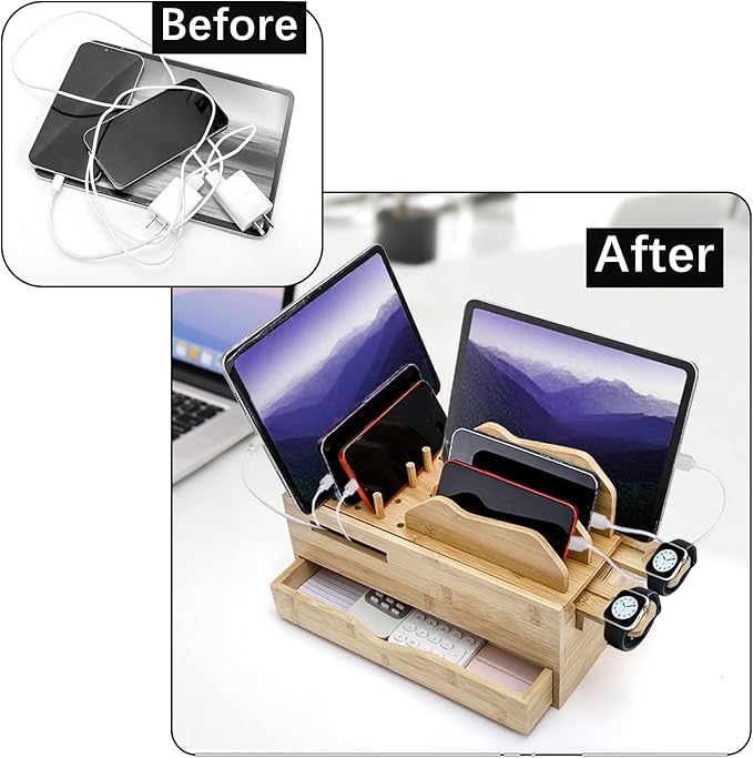 Yopay Family Charging Station with Drawer, Bamboo Charging Station for Multiple Devices, Cell Phone Docking Stations Organizer for Tablet, Laptop, Nightstand Bedside Desk Device Charger Organizer