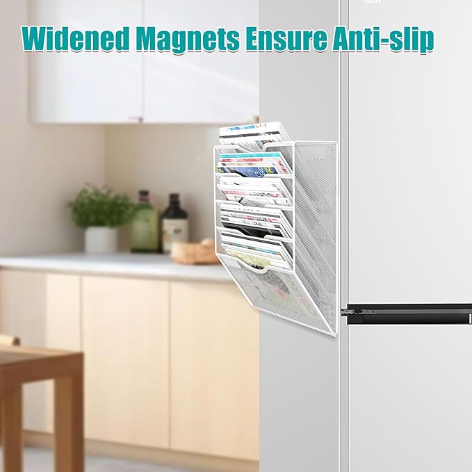 LQPAFZ 5-Tier Magnetic File Organizer, No Drilling Installation, White Magnetic Paper Holder, Magazine Rack for Refrigerator and File Cabinets