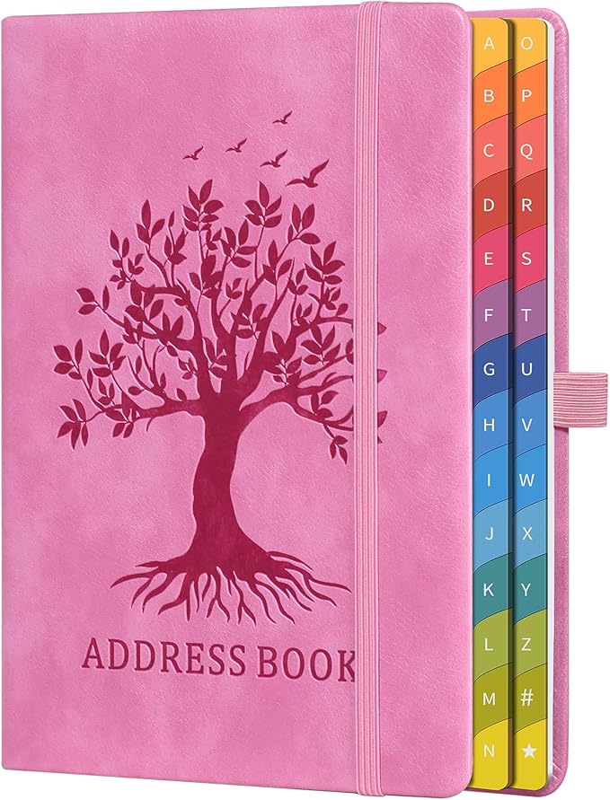 Address Book with Colorful Alphabetical Tabs (8.4" x 5.8") - Hardcover Telephone and Contact Organizer, with Space for Important Website Passwords and Software Licenses - Pink