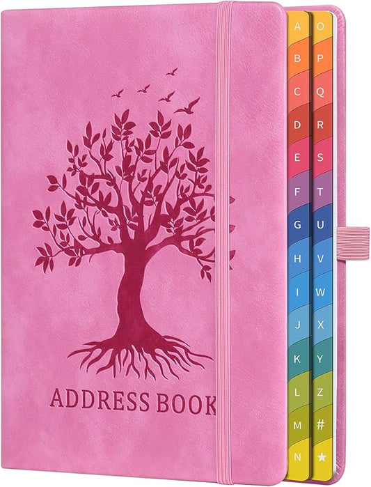 Address Book with Colorful Alphabetical Tabs (8.4" x 5.8") - Hardcover Telephone and Contact Organizer, with Space for Important Website Passwords and Software Licenses - Pink