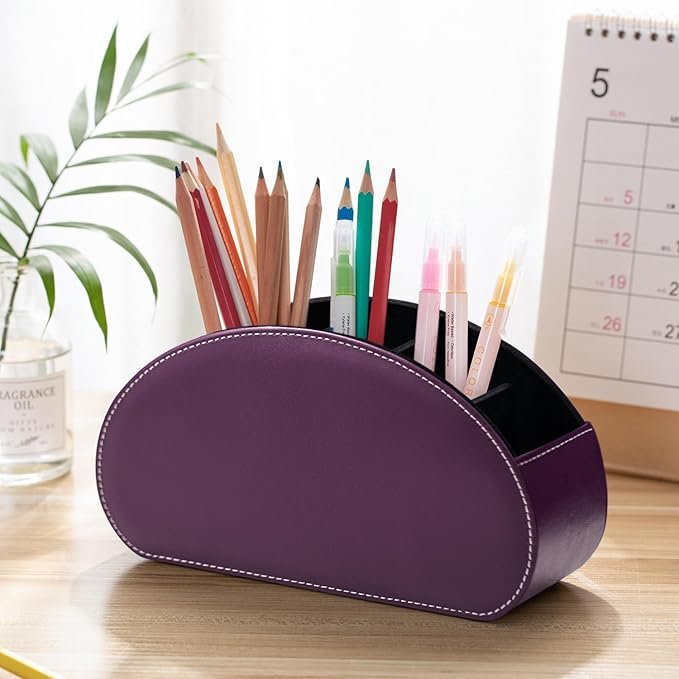 Remote Control Holders Organizer Box with 5 Compartment PU Leather Multi-functional Office Desk Storage Caddy Store Tv Remote for Media Player,Brush,Pencil,Glassees&Office Supplies (Dark purple)