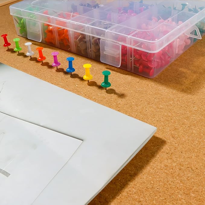 VAPKER Push Pins 720Pcs Solid Color Thumb Tacks Map Pins Tacks Plastic Head with Steel Point for Bulletin Board 12 Assorted Colors Office Supplies