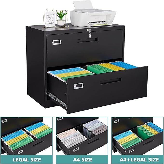 MIIIKO Lateral File Cabinet 2 Drawer, Black Metal File Cabinet with Lock, 35.4" Wide Drawers Storage File Cabinet for Hanging Files Folders Letter/Legal/A4 Size
