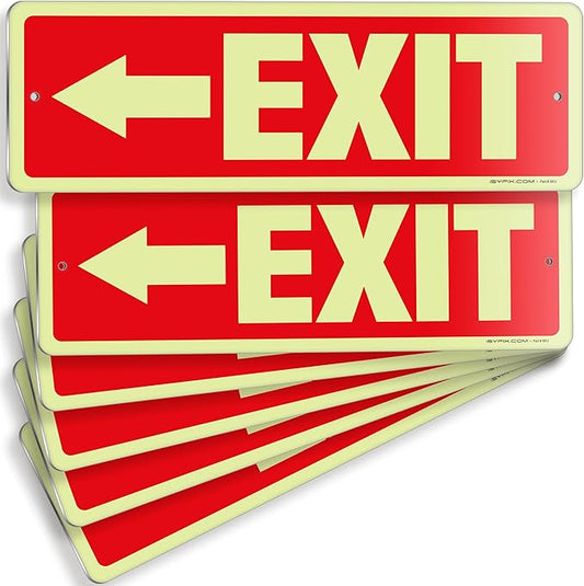 iSYFIX Exit Signs with Directional Left Arrow, Glow in the Dark, Photoluminescent Aluminum 12x4 Inch - 6 Pack, Laminated for UV & Weather Resistance, Ideal for Offices, Schools, Theaters & More