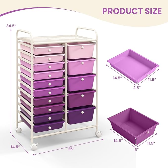 LDAILY 15 Drawer Rolling Storage Cart, Rolling Cart with Drawers for Classroom, Art Supply Craft Organizer on Wheel with Metal Frame & Handles for Home Office School