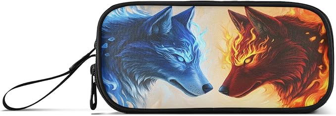 BOENLE Wolf Ice Blue Fire Pencil Case Box Boys Girls Large Pencil Pouch with Zipper Compartments Big Capacity Stationery Pen Bag Organizer for Kids Teens Adults School