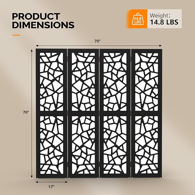 VINGLI 70'' H Room Divider, Non-Woven Fabric Privacy Screen, Indoor Partition Wall Dividers, Freestanding Hinged Space Separator with Modern Unique Pattern (Black, 4 Panel)