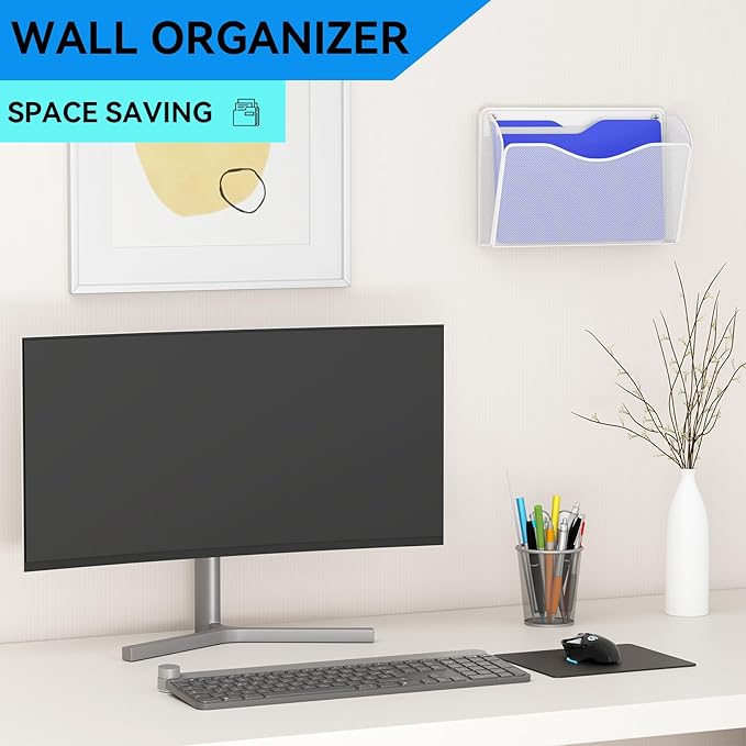 GDINDINFAN Single Pocket Wall File Holder, Mesh Hanging File Folder Paper Organizer, Vertical Wall Mounted Mail Basket, Storage Organization Magazine Rack for Office, Home and School, White