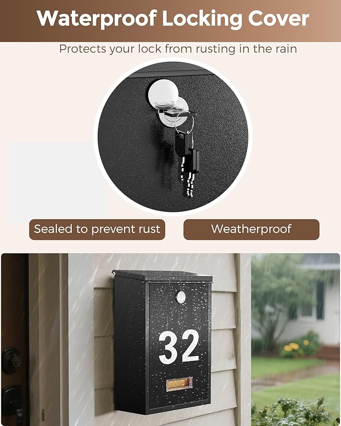 LAND·VOI Locking Wall-Mount Mailbox for Outside, with 4 Keys, Galvanized Steel Rustproof Metal Postbox, 3.1" Dx7.5 Wx10.8 H, Includes 3 Sets of Mailbox Numbers, Nameplate, Black, AMB32B
