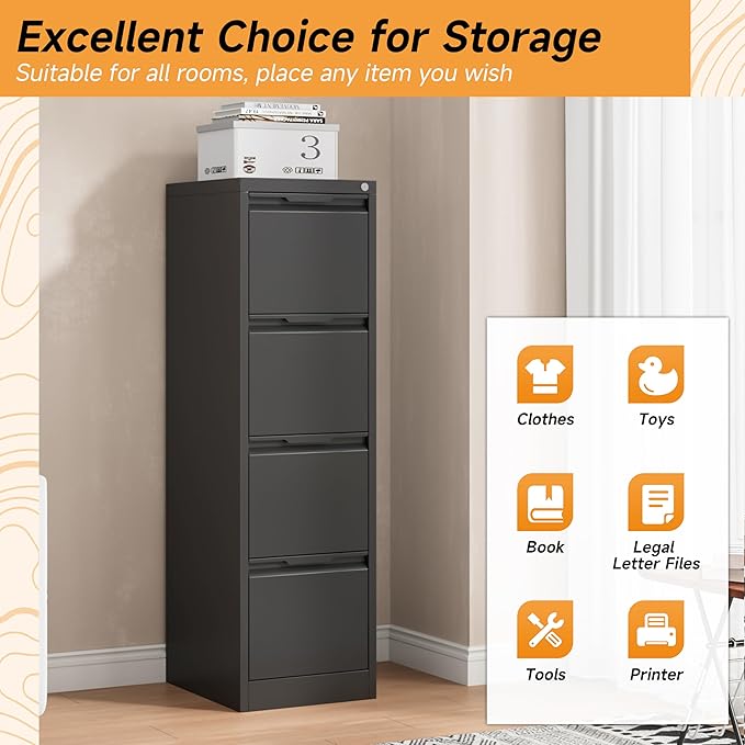 Bestoo 4-Drawer File Cabinet with Lock, Metal Filing Cabinet for Home Office, Vertical Filing Storage Cabinets, Fits File Folders, Letter/Legal/F4/A4 Size, Assembly Required (Black)