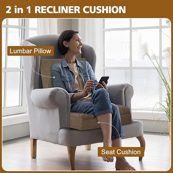 TANYOO Recliner Cushion for Elderly with Lumbar Support Pillow - 20x20x5 Inch Extra Thick Recliner Seat Cushion for Seniors Relief Back Pain and Tailbone Pain from Long Sitting Non-Slip Bottom Brown