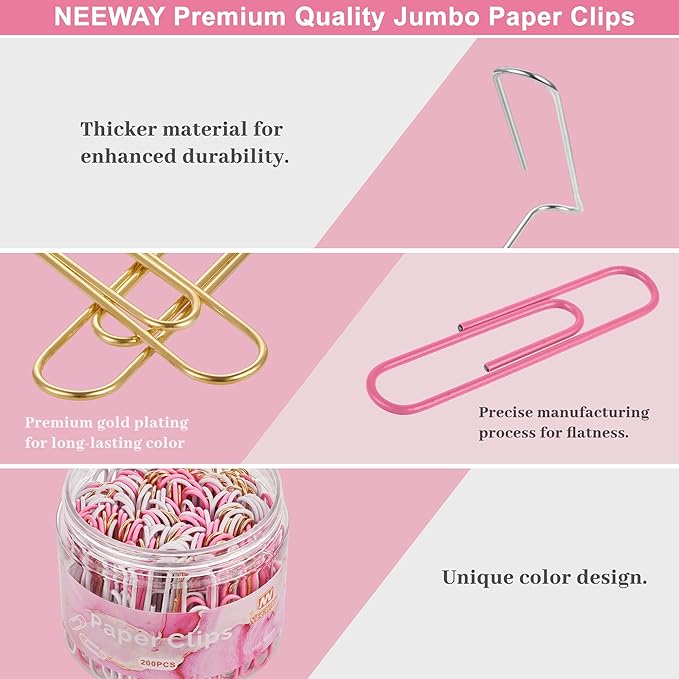 NEEWAY 200pcs Large Pink Paper Clips, 2 Inch Jumbo Paper Clip, Ceative Colored Paperclips for Paperwork Office School and Personal Use