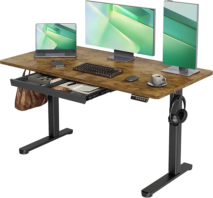 Claiks Standing Desk with Drawers, 55x24 Inch Electric Adjustable Height Sit Stand Up Desk Computer Workstation, Rustic Brown