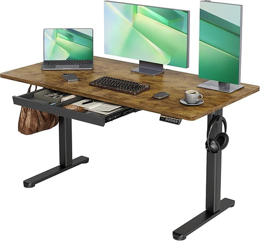 Claiks Standing Desk with Drawers, 55x24 Inch Electric Adjustable Height Sit Stand Up Desk Computer Workstation, Rustic Brown