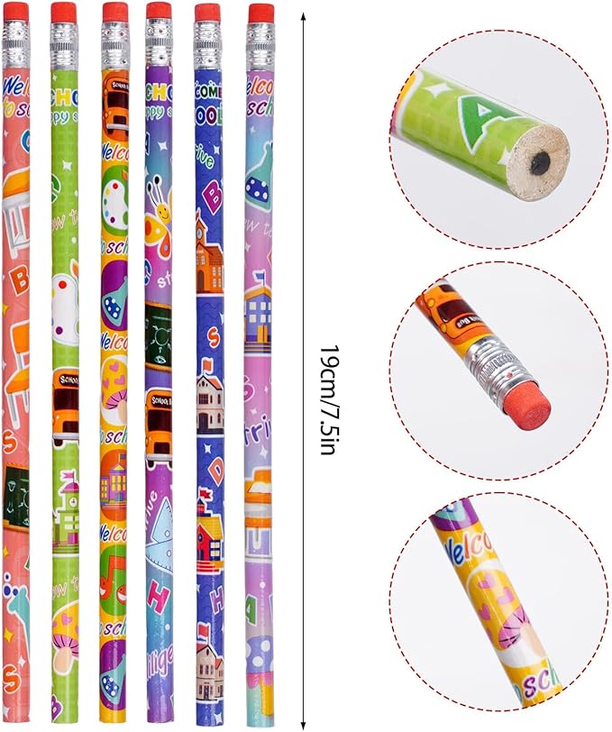 Rbenxia 48PCS Wooden Pencils with Erasers Assortment Colorful Novelty Pencils Awards Incentives for Classroom School Supplies Giveaways Party Favor (Welcom Back to School)