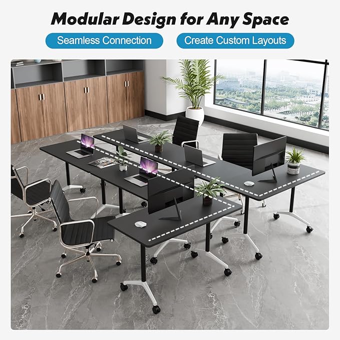 Goakwwuz Conference Room Table, Folding Conference Tables,Thicken Grey Tabletop,Flip Top Wooden Seminar Meeting Room Table for Conference Room Offices (4, Black, 47.2“)