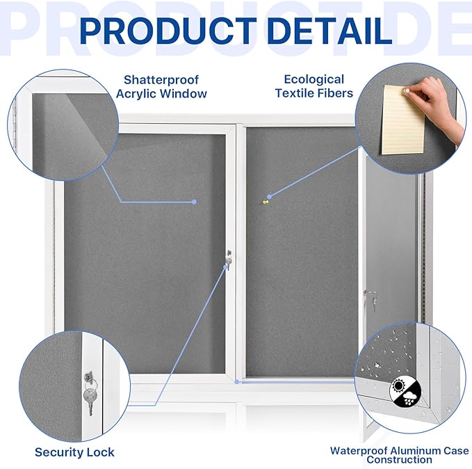 SWANCROWN Weather Resistant Enclosed Bulletin Board Gray Fabric Displays Boards Wall Mounted Notice Board with Aluminum Frame,48x34 inches
