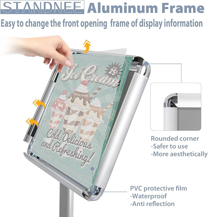 STANDNEE Heavy-duty Poster Stand Holder 11"x 17" Pedestal Floor Standing Sign Holder Vertical and Horizontal View Sign Display, Aluminum Snap Open Frame with Safety Corner, Silver (3 Packs)