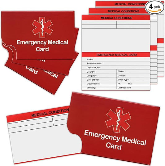 4 Pack Emergency Medical Information Id Card Red Medical Condition and Emergency Contact Id Wallet Card Medical Alert Wallet Card Pocket Size Medication List and Medical Cards for Caretakers (Red)