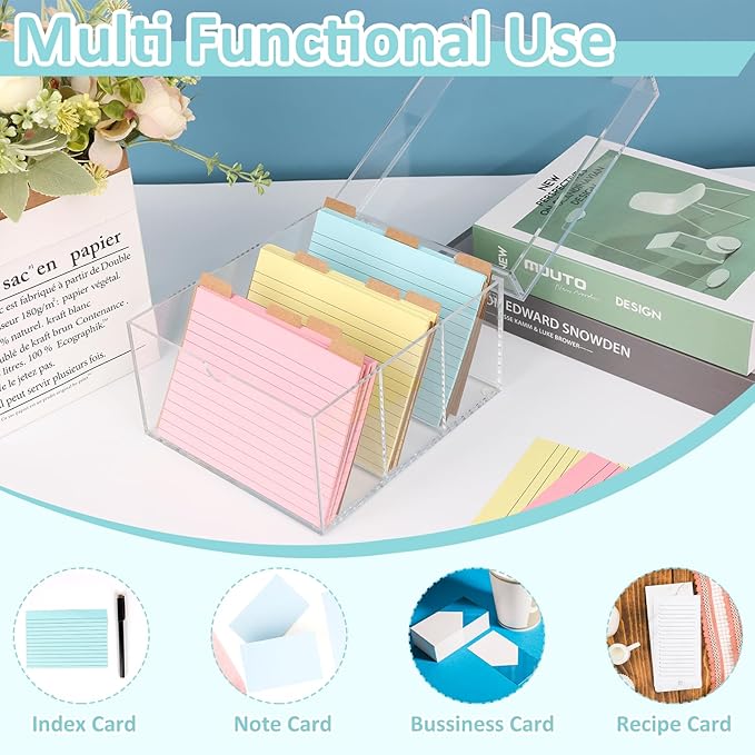 4x6 Index Card Holder Acrylic Index Card Organizer Clear Index Card Box Flash Card Holder with 5 Index Card Dividers Recipe Cards Holder Notecard Storage Box 150 Ruled Cards Stickers For Office Desk