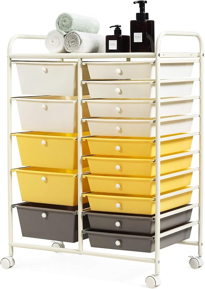 GOFLAME 15-Drawer Rolling Storage Cart, Craft Storage Cart with Removable Drawers & Lockable Wheels, Art Cart Supply Storage Organizer for Home Office Classroom, Yellow
