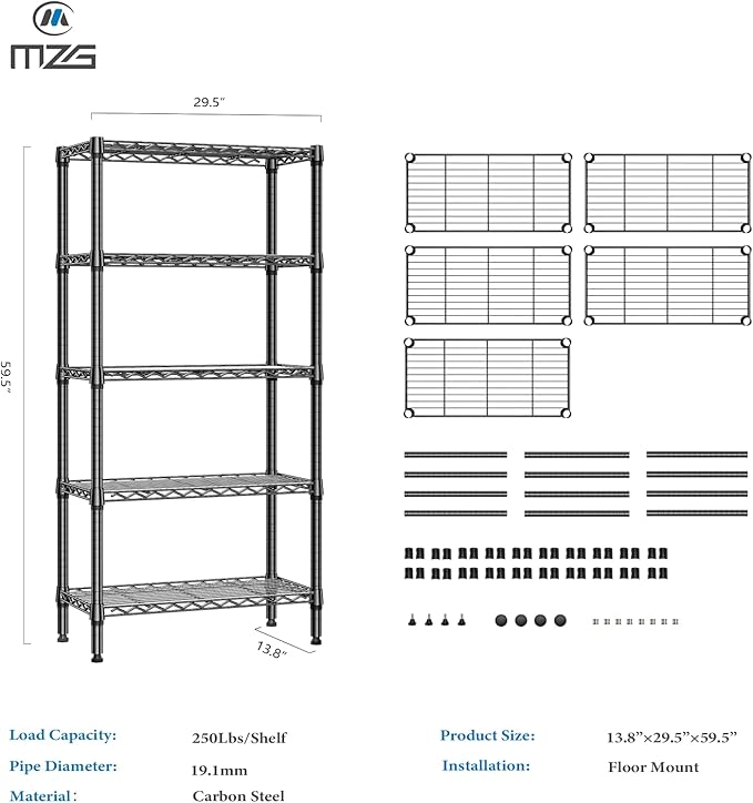 M MZG 1250 lbs 5 Tier Shelf Metal Storage Shelves Shelving Wire Rack Heavy Duty Closet Organizers for Garage Kitchen Bathroom Laundry Black 13.8" D x 29.5" W x 59.5" H