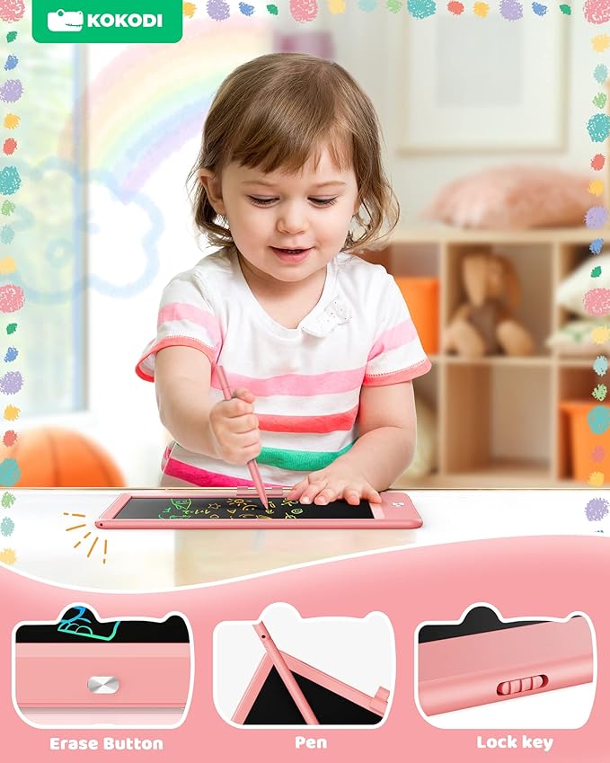 KOKODI LCD Writing Tablet, 8.5 Inch Toddler Doodle Board Drawing Tablet, Erasable Reusable Electronic Drawing Pads, Educational and Learning Toy for 3-8 Years Old Boy and Girls (Pink)