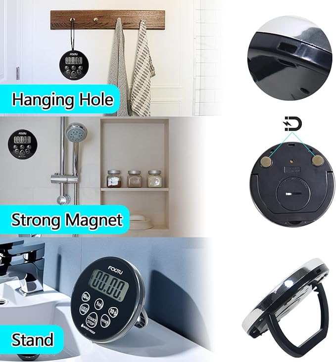 FCXJTU Digital Waterproof Shower Clock Timer, Bathroom Shower Countdown Timer for Kitchen Cooking with Alarm, Magnetic Back, Stand Silver Black