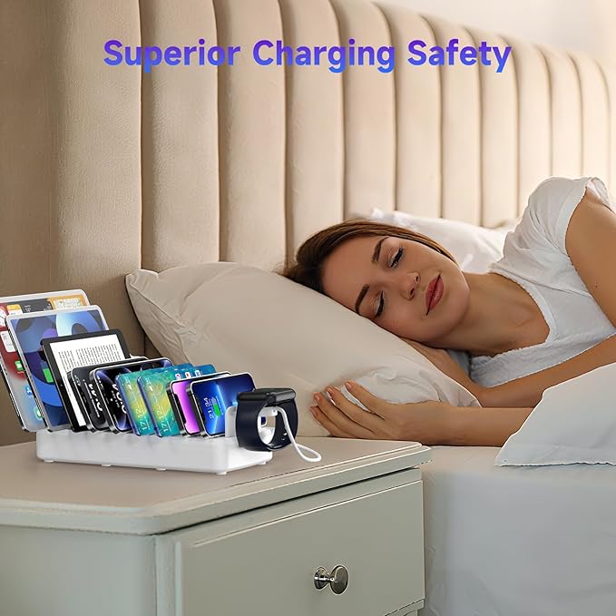 285W Charging Station for Multiple Devices, 10 Ports Fast Multi-Device Charger Organizer Compatible with MacBook Pro Laptop, iPhone, Android, Ipad, Tablet, Kindle, Family Multi-Device Charging Dock