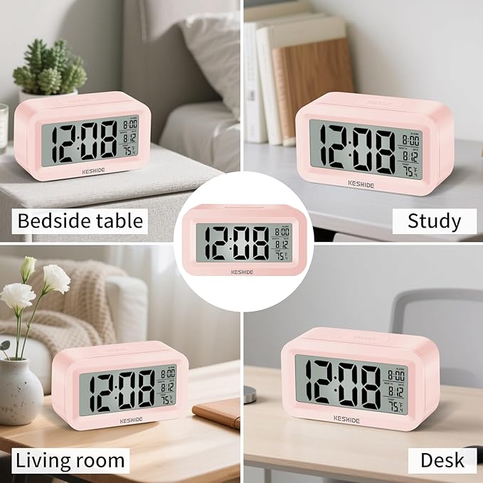 KESHIDE Travel Digital Alarm Clock Battery Operated with Indoor Temperature, Desk Small Clock,Snooze Model,12/24H Display for Bedrooms Heavy Sleepers Kids Travel Bathroom