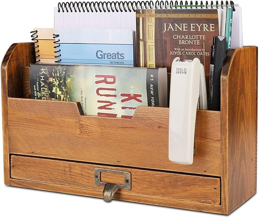 Flexzion 3 Tier Wooden Desk Organizer - Country Rustic Compartments Slot File Tray Pencil Sorter Shelf Holder Supplies Rack Accessories Set with Storage Drawer for Desktop Tabletop Office Home Brown
