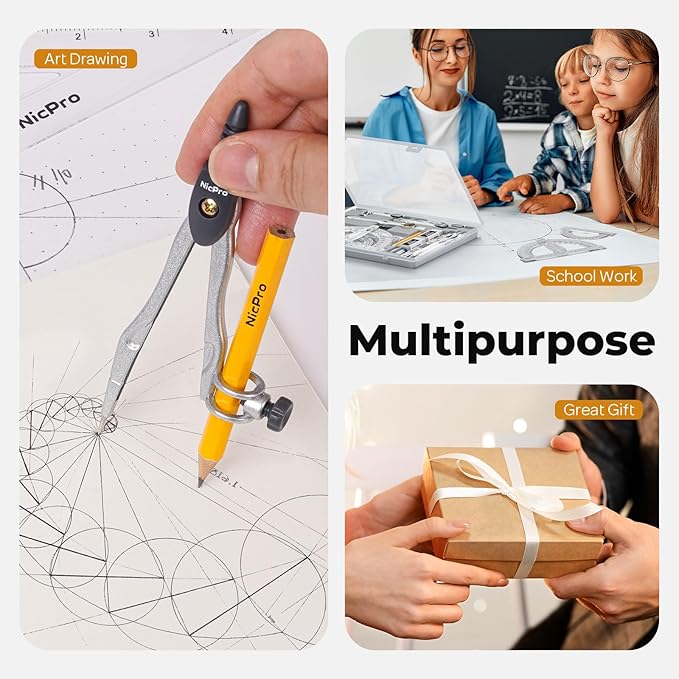 Nicpro 22 PCS Compass Geometry Tools with Case, Drafting Tools Geometry Set with Swing Arm Protractor, Rulers, Metal Compass, Square Set, Mechanical Pencil, Back to School Supplies for Students