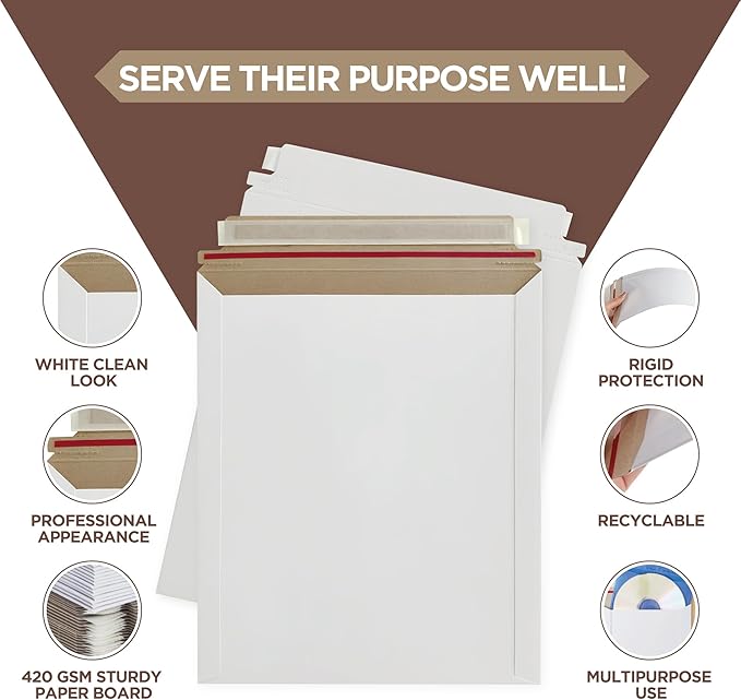 50 Pack 9.75x12.5 Inches Rigid Mailers – Self Adhesive White Cardboard Mailers – Used as Mailing Supplies for Mailing Documents, Photos, CDs, Magazines and Literature