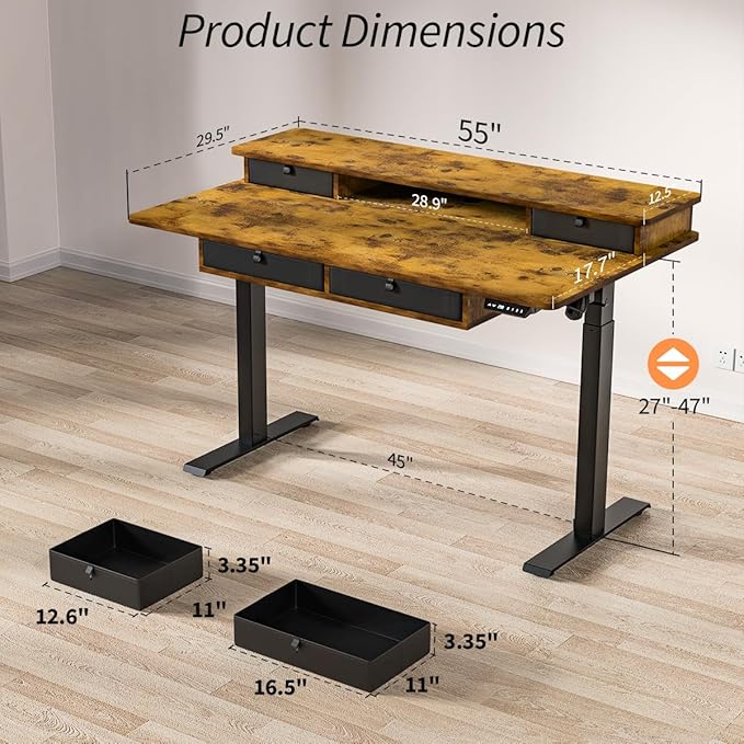Kingant 55 x 30 Inch Electric Standing Desk with 4 Drawers, Adjustable Height Computer Desk for Home Office, Large Workstation Sit Stand Up Desk with Built-in USB A/C Charging Ports, Rustic Brown