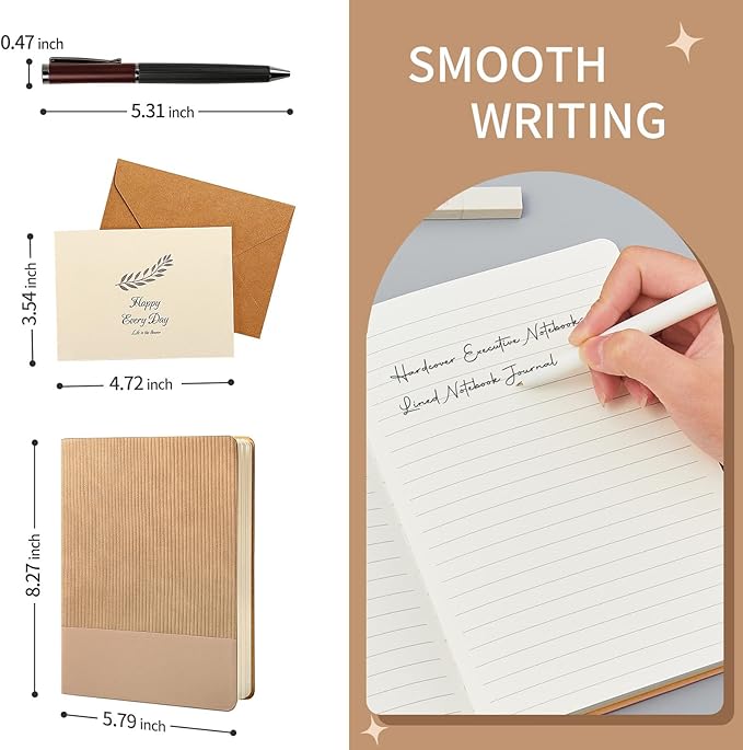TSFPapier A5 Lined Notebook with Pen & Gift Box 216 Pages PU Leather Journals for Women Men 100GSM Thick Paper College Ruled Notebook for Christmas Gifts, School,Travel,Business,Work,Home Writing (Khaki)