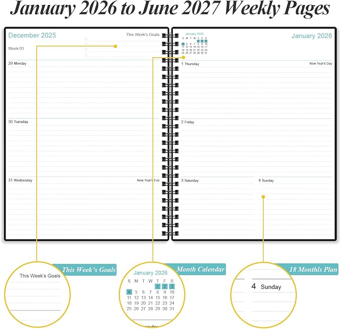 2026-2027 Planner - 18 Months Weekly & Monthly Planner from January 2026 - June 2027, Spiral Planners 2026-2027 with Elastic Closure, Inner Pocket, Medium 8.5" x 11", Black