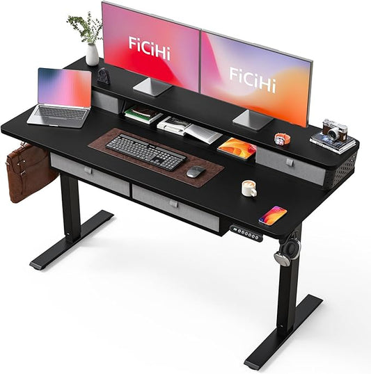 FiCiHi Electric Standing Desk with Four Drawers, Adjustable Height Sit Stand Desk, C-Clamp Compatible Home Office Desk with Storage Shelf & Monitor Stand Riser, 55 x 24 Inch, Classical Black