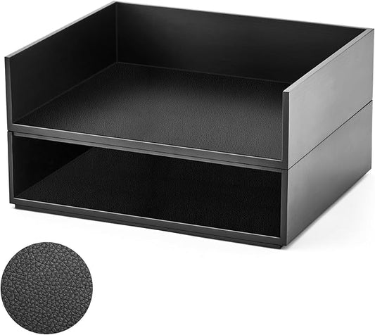 Yeaqee 2 Pcs Wooden Leather Stackable Letter Trays 13 x 10.6inch Luxurious Surface Desk Letter Tray Heavy Paper Inbox Mail Organizer for Office Document Magazine Folder Desktop Accessories(Black)