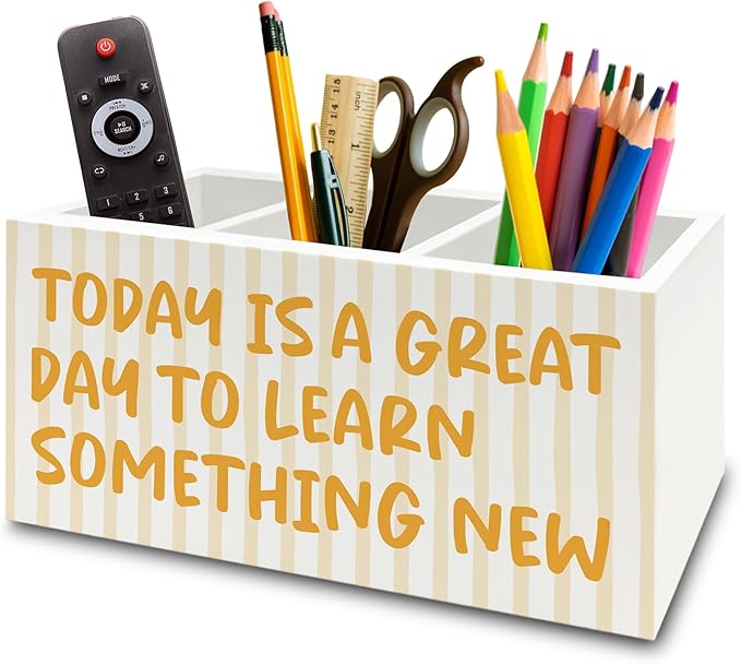 XPH Inspirational Pen Pencil Holder Organizer for Desk, Motivational Gifts for Women, Today Is a Great Day to Learn Something New Wooden Box Sign for Home Office Desk Tabletop Decorations