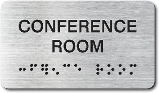Conference Room Signs with Raised Text & Grade 2 Braille, Brushed Aluminum/Silver Finish Easy Install with Double-Sided Tape, ADA Compliant Conference Room Office Door Sign