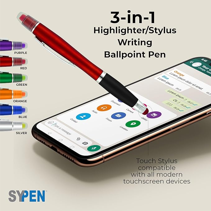 SyPen Personalized Pens with Gel Highlighter and Stylus -200 Pack Bulk-Free Imprint - 3 In Bible Highlighter No Bleed, Ballpoint Pen, and Stylus Combo- add Custom Name, Logo or Gift Message- Orange