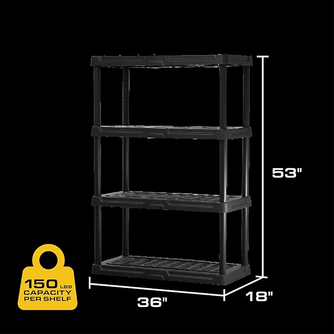 CENTREX CX 4-Tier (53”H x 36”W x 18”D) Plastic Storage Shelving Unit (Black), Heavy Duty, 150lbs Per Shelf Capacity, for Space-Saving Garage, Closet & Laundry Storage with Easy Assembly