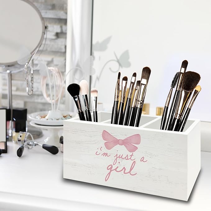 XPH Pink Coquette Bow Preppy Pen Pencil Holder Organizer for Desk, Preppy Desk Decor, I'm Just a Girl Pink Wooden Box Sign for Girly Room Bedroom Dorm Tabletop Decorations