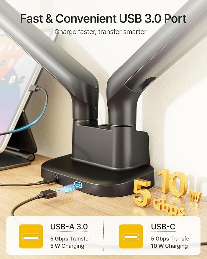 monTEK Dual Monitor Arm with USB, Mechanical Spring Monitor Arm for 17-35" Screens, Adjustable Monitor Desk Mount Each Holds up to 24.2 lbs with C Clamp/Grommet Desk Mount, VESA 75/100mm, MA1011UCBK-D