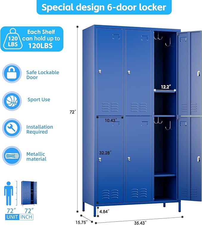 SUPEER 6 Doors Metal Locker for Employees with 18 Hooks and Business Card Holder,Metal Locker with Ventilation Holes for School Garage Office Gym Home,Assembly Required,Blue