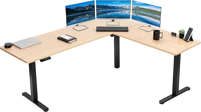VIVO Electric Corner 75 x 63 inch L-Shaped Standing Desk, Memory Height Adjustment, Real Bamboo Top Black Frame, DESK-E3CTBO-75