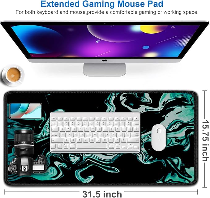Large Mouse Pad, 31.5x15.7 inch Large Extended Computer Keyboard Mouse Mat, Water Resist Non-Slip Mousepad Rubber Base Long XXL Desk Mouse Pad for Gaming, Office & Home, Marble Cyan