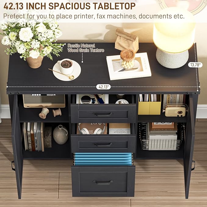 Vabches File Cabinet with 3 Drawers, Farmhouse Lateral File Cabinet Fits Files Letter/A4 Size, Wooden Filing Cabinet with Door and Adjustable Shelves Printer Stand for Home Office, Rustic Black